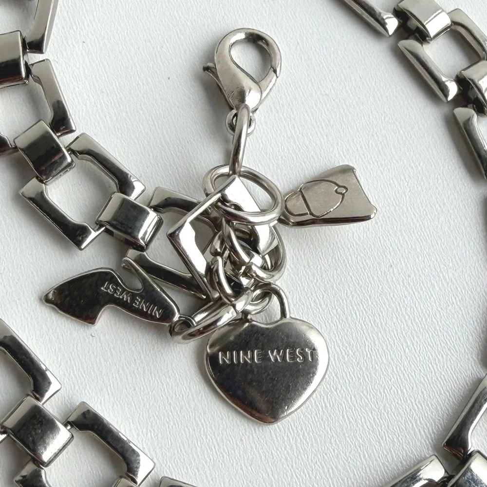 Vintage Nine West Charm Chain Belt Womens One Size Silver Square Link Hearts Y2K